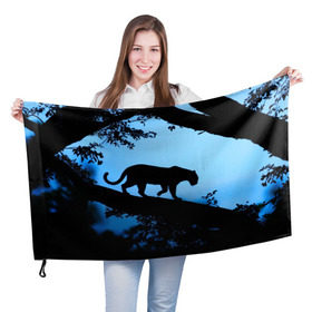 Флаг 3D с принтом Чёрная пантера в Санкт-Петербурге, 100% полиэстер | плотность ткани — 95 г/м2, размер — 67 х 109 см. Принт наносится с одной стороны | африка | вечер | дерево | дикая кошка | закат | леопард | сафари | ягуар