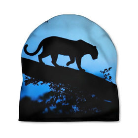 Шапка 3D с принтом Чёрная пантера в Санкт-Петербурге, 100% полиэстер | универсальный размер, печать по всей поверхности изделия | африка | вечер | дерево | дикая кошка | закат | леопард | сафари | ягуар