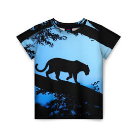 Детская футболка 3D с принтом Чёрная пантера в Санкт-Петербурге, 100% гипоаллергенный полиэфир | прямой крой, круглый вырез горловины, длина до линии бедер, чуть спущенное плечо, ткань немного тянется | африка | вечер | дерево | дикая кошка | закат | леопард | сафари | ягуар