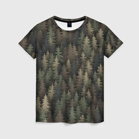 Женская футболка 3D с принтом Лесной камуфляж в Санкт-Петербурге, 100% полиэфир ( синтетическое хлопкоподобное полотно) | прямой крой, круглый вырез горловины, длина до линии бедер | ёлка | ель | ельник | лес | милитари | охота | природа | хаки