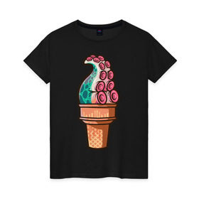 Женская футболка хлопок с принтом Мороженое в Санкт-Петербурге, 100% хлопок | прямой крой, круглый вырез горловины, длина до линии бедер, слегка спущенное плечо | мороженое | осьминог | присоски | тентакли | щупальца
