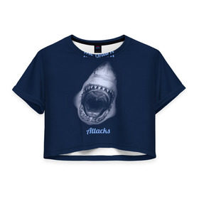 Женская футболка 3D укороченная с принтом the shark attacks в Санкт-Петербурге, 100% полиэстер | круглая горловина, длина футболки до линии талии, рукава с отворотами | shark | акула | глубина | зубы | море | океан | пасть | укус | хищник