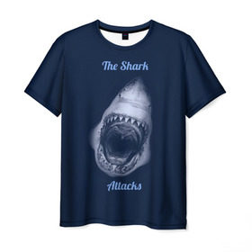 Мужская футболка 3D с принтом the shark attacks в Санкт-Петербурге, 100% полиэфир | прямой крой, круглый вырез горловины, длина до линии бедер | shark | акула | глубина | зубы | море | океан | пасть | укус | хищник