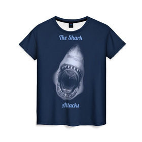 Женская футболка 3D с принтом the shark attacks в Санкт-Петербурге, 100% полиэфир ( синтетическое хлопкоподобное полотно) | прямой крой, круглый вырез горловины, длина до линии бедер | shark | акула | глубина | зубы | море | океан | пасть | укус | хищник