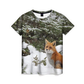Женская футболка 3D с принтом Лиса в зимнем лесу в Санкт-Петербурге, 100% полиэфир ( синтетическое хлопкоподобное полотно) | прямой крой, круглый вырез горловины, длина до линии бедер | fox | животное | зверь | красивая | лес | лис | лиса | лисенок | лисица | лисичка | мех | патрикеевна | песец | плутовка | прикольная | природа | рыжая | рыжий цвет | сказка | хвост | хитрая | хищник