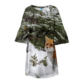 Детское платье 3D с принтом Лиса в зимнем лесу в Санкт-Петербурге, 100% полиэстер | прямой силуэт, чуть расширенный к низу. Круглая горловина, на рукавах — воланы | Тематика изображения на принте: fox | животное | зверь | красивая | лес | лис | лиса | лисенок | лисица | лисичка | мех | патрикеевна | песец | плутовка | прикольная | природа | рыжая | рыжий цвет | сказка | хвост | хитрая | хищник