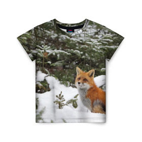 Детская футболка 3D с принтом Лиса в зимнем лесу в Санкт-Петербурге, 100% гипоаллергенный полиэфир | прямой крой, круглый вырез горловины, длина до линии бедер, чуть спущенное плечо, ткань немного тянется | Тематика изображения на принте: fox | животное | зверь | красивая | лес | лис | лиса | лисенок | лисица | лисичка | мех | патрикеевна | песец | плутовка | прикольная | природа | рыжая | рыжий цвет | сказка | хвост | хитрая | хищник