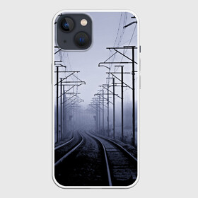 Чехол для iPhone 13 с принтом Туманная дорога в Санкт-Петербурге,  |  | 3d | железная дорога | пути | столбы | страны | туман | туманная дорога