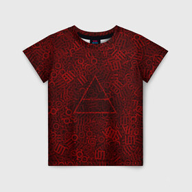 Детская футболка 3D с принтом 30 seconds to mars. символы в Санкт-Петербурге, 100% гипоаллергенный полиэфир | прямой крой, круглый вырез горловины, длина до линии бедер, чуть спущенное плечо, ткань немного тянется | Тематика изображения на принте: глифы | знаки | красный | логотип | паттерн | рок | рокнрол | текстура | треугольник