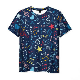 Мужская футболка 3D с принтом Ноты в Санкт-Петербурге, 100% полиэфир | прямой крой, круглый вырез горловины, длина до линии бедер | звездочки | ноты | сердечки