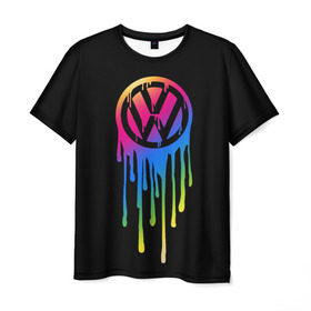 Мужская футболка 3D с принтом Volkswagen в Санкт-Петербурге, 100% полиэфир | прямой крой, круглый вырез горловины, длина до линии бедер | brand | bright | car | color | drops | flow | germany | logo | rainbow | sign | spectrum | volkswagen | автомобиль | германия | знак | капли | логотип | марка | радуга | спектр | течет | цвет | яркий