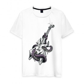 Мужская футболка хлопок с принтом Гитара в Санкт-Петербурге, 100% хлопок | прямой крой, круглый вырез горловины, длина до линии бедер, слегка спущенное плечо. | гитара | металл | музыка | осьминог | рок