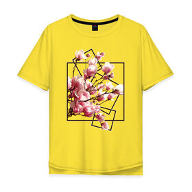 Мужская футболка хлопок Oversize с принтом Магнолия в Санкт-Петербурге, 100% хлопок | свободный крой, круглый ворот, “спинка” длиннее передней части | весна | геометрия | деревья | квадраты | цветение | цветы