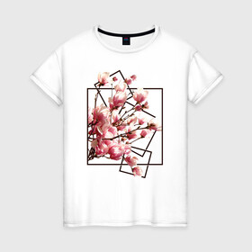 Женская футболка хлопок с принтом Магнолия в Санкт-Петербурге, 100% хлопок | прямой крой, круглый вырез горловины, длина до линии бедер, слегка спущенное плечо | весна | геометрия | деревья | квадраты | цветение | цветы