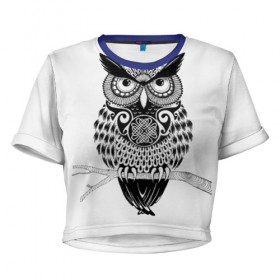 Женская футболка 3D укороченная с принтом Сова в Санкт-Петербурге, 100% полиэстер | круглая горловина, длина футболки до линии талии, рукава с отворотами | арт | другие | животные | прикольные | сова | тату | черно белые