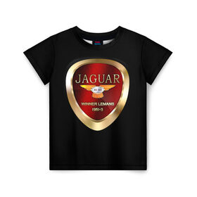 Детская футболка 3D с принтом Jaguar в Санкт-Петербурге, 100% гипоаллергенный полиэфир | прямой крой, круглый вырез горловины, длина до линии бедер, чуть спущенное плечо, ткань немного тянется | Тематика изображения на принте: brand | car | jaguar | logo | автомобиль | британия | логотип | марка