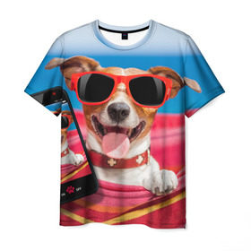 Мужская футболка 3D с принтом Джек рассел - в гамаке в Санкт-Петербурге, 100% полиэфир | прямой крой, круглый вырез горловины, длина до линии бедер | волкодав | дворняжка | джек | джек рассел | домашние животные | любимец | мопс | овчарка | пес | песик | питомец | рассел | сенбернар | собака | собачка