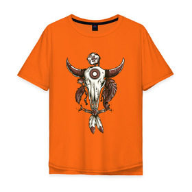 Мужская футболка хлопок Oversize с принтом Тотем в Санкт-Петербурге, 100% хлопок | свободный крой, круглый ворот, “спинка” длиннее передней части | бубен | индеец | перья | тотем | череп | череп быка | шаман