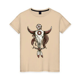 Женская футболка хлопок с принтом Тотем в Санкт-Петербурге, 100% хлопок | прямой крой, круглый вырез горловины, длина до линии бедер, слегка спущенное плечо | бубен | индеец | перья | тотем | череп | череп быка | шаман