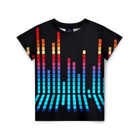 Детская футболка 3D с принтом Эквалайзер неон в Санкт-Петербурге, 100% гипоаллергенный полиэфир | прямой крой, круглый вырез горловины, длина до линии бедер, чуть спущенное плечо, ткань немного тянется | Тематика изображения на принте: музыка | полосы | разноцветный | яркий