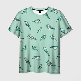 Мужская футболка 3D с принтом Птица-синица в Санкт-Петербурге, 100% полиэфир | прямой крой, круглый вырез горловины, длина до линии бедер | бирюза | паттерн | птахи | птички