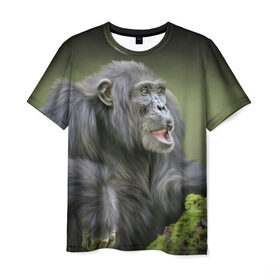 Мужская футболка 3D с принтом Шимпанзе в Санкт-Петербурге, 100% полиэфир | прямой крой, круглый вырез горловины, длина до линии бедер | животные | обезьяна 