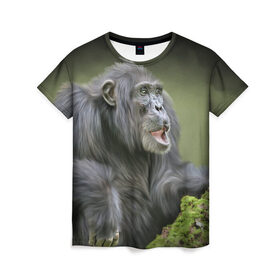 Женская футболка 3D с принтом Шимпанзе в Санкт-Петербурге, 100% полиэфир ( синтетическое хлопкоподобное полотно) | прямой крой, круглый вырез горловины, длина до линии бедер | животные | обезьяна 