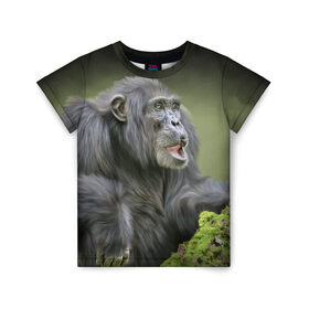 Детская футболка 3D с принтом Шимпанзе в Санкт-Петербурге, 100% гипоаллергенный полиэфир | прямой крой, круглый вырез горловины, длина до линии бедер, чуть спущенное плечо, ткань немного тянется | животные | обезьяна 