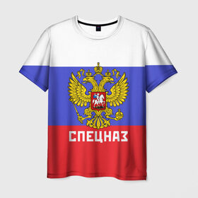Мужская футболка 3D с принтом Спецназ, герб и флаг России в Санкт-Петербурге, 100% полиэфир | прямой крой, круглый вырез горловины, длина до линии бедер | орел | отряд | рф | специального назначения | триколор