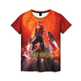 Женская футболка 3D с принтом Duke Nukem в Санкт-Петербурге, 100% полиэфир ( синтетическое хлопкоподобное полотно) | прямой крой, круглый вырез горловины, длина до линии бедер | брутальный | взрыв | дюк нюмем | мужик | огонь | радиация | ядерный