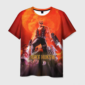 Мужская футболка 3D с принтом Duke Nukem в Санкт-Петербурге, 100% полиэфир | прямой крой, круглый вырез горловины, длина до линии бедер | Тематика изображения на принте: брутальный | взрыв | дюк нюмем | мужик | огонь | радиация | ядерный