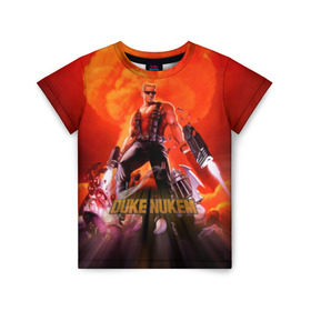 Детская футболка 3D с принтом Duke Nukem в Санкт-Петербурге, 100% гипоаллергенный полиэфир | прямой крой, круглый вырез горловины, длина до линии бедер, чуть спущенное плечо, ткань немного тянется | Тематика изображения на принте: брутальный | взрыв | дюк нюмем | мужик | огонь | радиация | ядерный