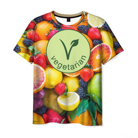 Мужская футболка 3D с принтом Vegetarian в Санкт-Петербурге, 100% полиэфир | прямой крой, круглый вырез горловины, длина до линии бедер | fruits | vegan | vegetables | vegetarian | веган | вегетарианство | еда | овощи | фрукты