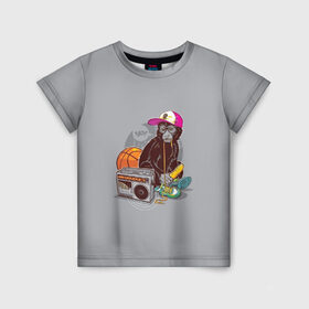 Детская футболка 3D с принтом monkey music в Санкт-Петербурге, 100% гипоаллергенный полиэфир | прямой крой, круглый вырез горловины, длина до линии бедер, чуть спущенное плечо, ткань немного тянется | monkey | банан | баскетбол | магнитофон | музыка | мяч | обезьяна | хипстер