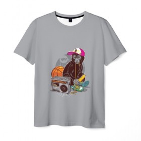 Мужская футболка 3D с принтом monkey music в Санкт-Петербурге, 100% полиэфир | прямой крой, круглый вырез горловины, длина до линии бедер | Тематика изображения на принте: monkey | банан | баскетбол | магнитофон | музыка | мяч | обезьяна | хипстер