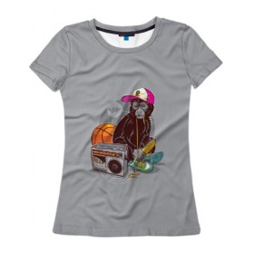 Женская футболка 3D с принтом monkey music в Санкт-Петербурге, 100% полиэфир ( синтетическое хлопкоподобное полотно) | прямой крой, круглый вырез горловины, длина до линии бедер | monkey | банан | баскетбол | магнитофон | музыка | мяч | обезьяна | хипстер