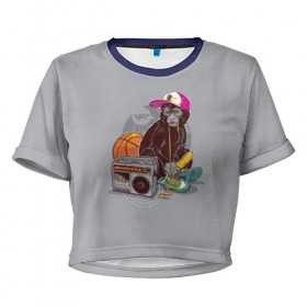 Женская футболка 3D укороченная с принтом monkey music в Санкт-Петербурге, 100% полиэстер | круглая горловина, длина футболки до линии талии, рукава с отворотами | monkey | банан | баскетбол | магнитофон | музыка | мяч | обезьяна | хипстер