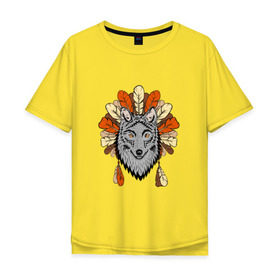 Мужская футболка хлопок Oversize с принтом Волк индеец в Санкт-Петербурге, 100% хлопок | свободный крой, круглый ворот, “спинка” длиннее передней части | арт | волк | волкодав | животные | индейцы | перья | собака