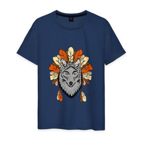 Мужская футболка хлопок с принтом Волк индеец в Санкт-Петербурге, 100% хлопок | прямой крой, круглый вырез горловины, длина до линии бедер, слегка спущенное плечо. | арт | волк | волкодав | животные | индейцы | перья | собака