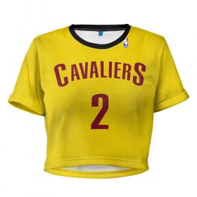Женская футболка 3D укороченная с принтом Форма Cavaliers Cleveland жёлтая в Санкт-Петербурге, 100% полиэстер | круглая горловина, длина футболки до линии талии, рукава с отворотами | nba