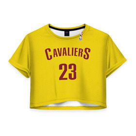Женская футболка 3D укороченная с принтом Форма Cavaliers Cleveland жёлтая в Санкт-Петербурге, 100% полиэстер | круглая горловина, длина футболки до линии талии, рукава с отворотами | Тематика изображения на принте: nba