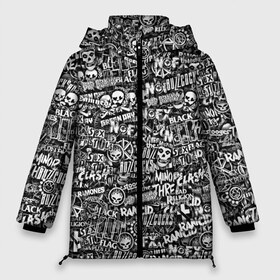 Женская зимняя куртка 3D с принтом Панк-рок стикербомбинг в Санкт-Петербурге, верх — 100% полиэстер; подкладка — 100% полиэстер; утеплитель — 100% полиэстер | длина ниже бедра, силуэт Оверсайз. Есть воротник-стойка, отстегивающийся капюшон и ветрозащитная планка. 

Боковые карманы с листочкой на кнопках и внутренний карман на молнии | Тематика изображения на принте: bad brains | bad religion | black flag | buzzcocks | clash | dead kennedys | green day | minor threat | misfits | nofx | rancid | social distortion | stooges