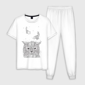 Мужская пижама хлопок с принтом Мечтатель в Санкт-Петербурге, 100% хлопок | брюки и футболка прямого кроя, без карманов, на брюках мягкая резинка на поясе и по низу штанин
 | воздушный | дзенарт | кот | мечта | принт | раскраска | рыба | рыбки | черно белый