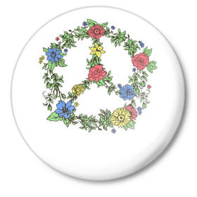 Значок с принтом peace flowers в Санкт-Петербурге,  металл | круглая форма, металлическая застежка в виде булавки | flowers | peace | мир | цветы
