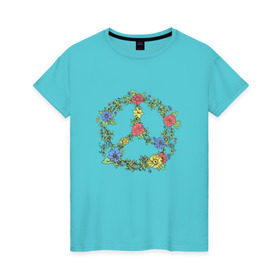 Женская футболка хлопок с принтом peace flowers в Санкт-Петербурге, 100% хлопок | прямой крой, круглый вырез горловины, длина до линии бедер, слегка спущенное плечо | flowers | peace | мир | цветы