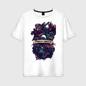 Женская футболка хлопок Oversize с принтом Darkest Dungeon в Санкт-Петербурге, 100% хлопок | свободный крой, круглый ворот, спущенный рукав, длина до линии бедер
 | darkest dungeon | замок | игра | логотип | рыцарь | темные подземелья | тьма | череп | чумной доктор