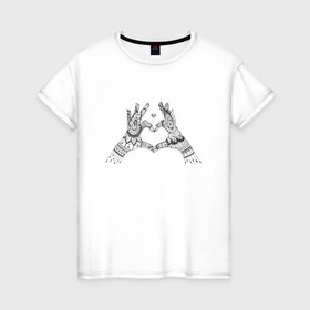 Женская футболка хлопок с принтом Сердечко в Санкт-Петербурге, 100% хлопок | прямой крой, круглый вырез горловины, длина до линии бедер, слегка спущенное плечо | дзентангл | дудлы | пальцы | раскраска | руки | ручная графика | сердечко | узоры | черно белое