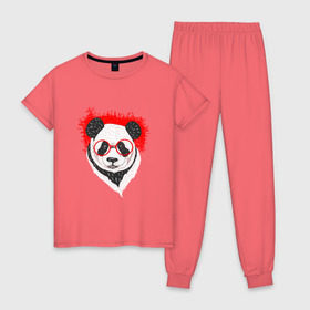 Женская пижама хлопок с принтом Умная панда в Санкт-Петербурге, 100% хлопок | брюки и футболка прямого кроя, без карманов, на брюках мягкая резинка на поясе и по низу штанин | абстрактная | каракули | милая | очкарик | очки | панда | ручная графика | умный