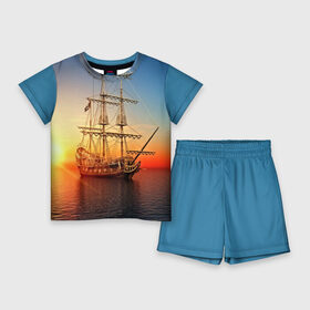 Детский костюм с шортами 3D с принтом Фрегат в Санкт-Петербурге,  |  | 3d | blue | брызги | вмф | вода | военный | волны | исторический | капли | корабль | лето | море | моряк | океан | природа | фрегат | шторм