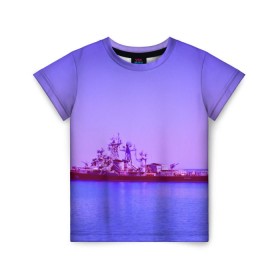 Детская футболка 3D с принтом Сторожевой корабль в Санкт-Петербурге, 100% гипоаллергенный полиэфир | прямой крой, круглый вырез горловины, длина до линии бедер, чуть спущенное плечо, ткань немного тянется | 3d | blue | боевой | брызги | вмф | вода | военный | волны | исторический | капли | корабль | лето | море | моряк | океан | природа | ракеты | силовые структуры | шторм